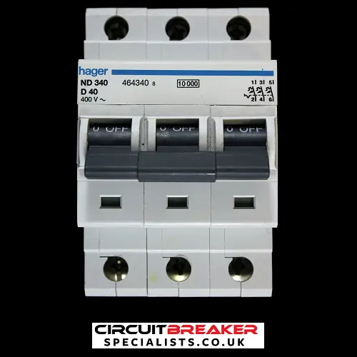 HAGER 40 AMP CURVE D 10kA TRIPLE POLE MCB CIRCUIT BREAKER ND340 464340