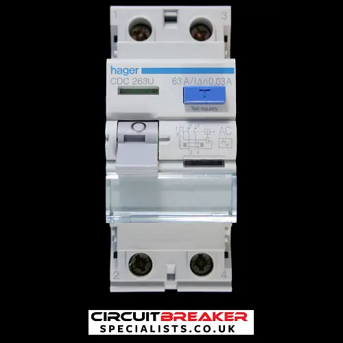 HAGER 63 AMP 30mA DOUBLE POLE RCCB RCD TYPE AC CDC263U 161498