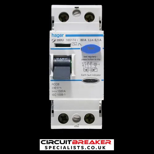 HAGER 80 AMP 100mA DOUBLE POLE RCCB RCD TYPE AC CE280U 165174