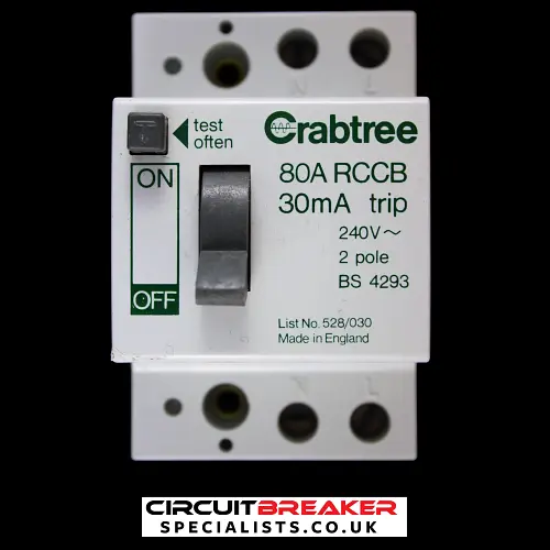 CRABTREE 80 AMP 30mA DOUBLE POLE RCCB RCD 528/030