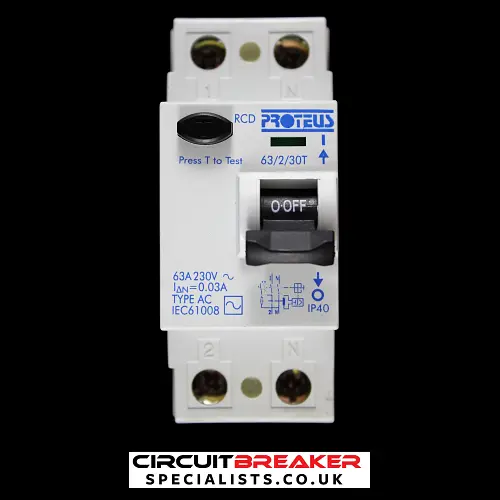 PROTEUS 63 AMP 30mA DOUBLE POLE RCD TYPE AC 63/2/30T