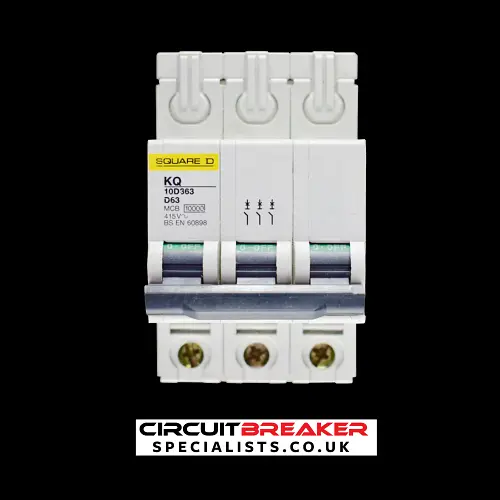 SQUARE D 63 AMP CURVE D 10kA TRIPLE POLE MCB CIRCUIT BREAKER KQ 10D363