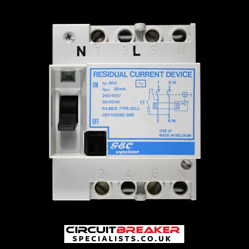 GEC VYNCKIER 80 AMP 30mA DOUBLE POLE RCD TYPE AC RA80/2 DOJ 097/138082.030