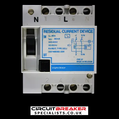 VYNCKIER 80 AMP 30mA DOUBLE POLE RCD TYPE AC RA80/2 DOJ 097/148082.030