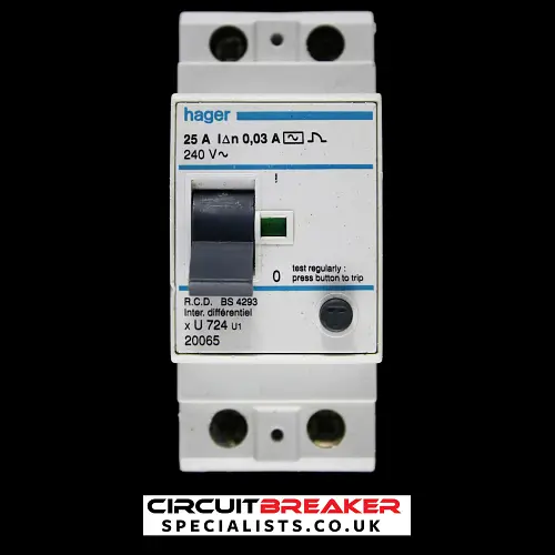 HAGER 25 AMP 30mA DOUBLE POLE RCD TYPE AC U724 U1 20065