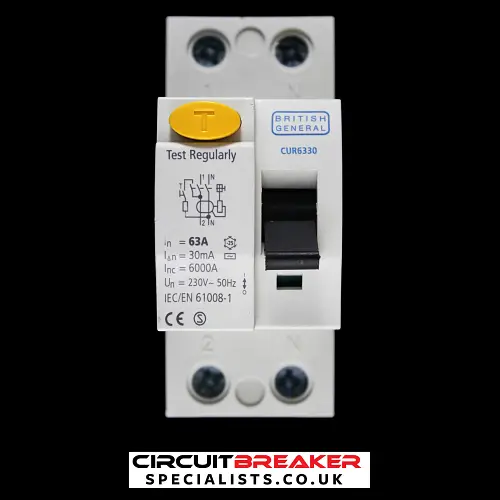 BRITISH GENERAL 63 AMP 30mA DOUBLE POLE RCCB RCD CUR6330