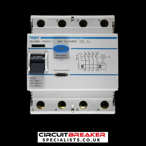 HAGER 40 AMP 30mA FOUR POLE RCCB RCD TYPE AC CD440U 164504