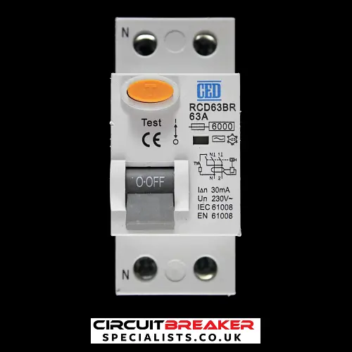 CED 63 AMP 6kA 30mA DOUBLE POLE RCCB RCD TYPE AC RCD63BR