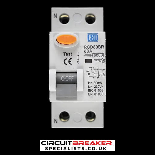 CED 80 AMP 6kA 30mA DOUBLE POLE RCCB RCD TYPE AC RCD80BR