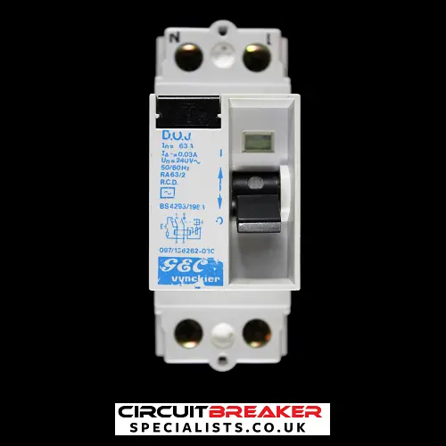 GEC VYNCKIER 63 AMP 30mA DOUBLE POLE RCD TYPE AC DOJ 097/138262-030 RA63/2