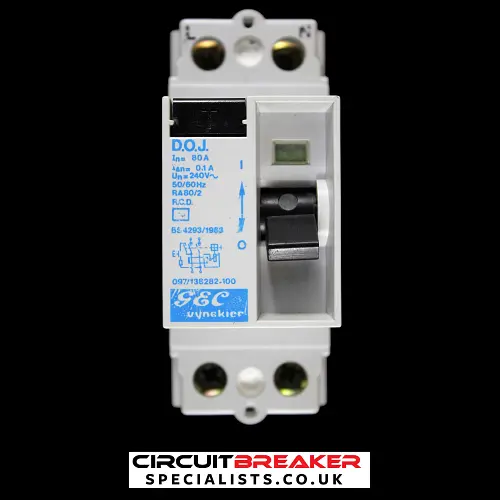 GEC VYNCKIER 80 AMP 100mA DOUBLE POLE RCD TYPE AC DOJ 097/138282-100 RA80/2