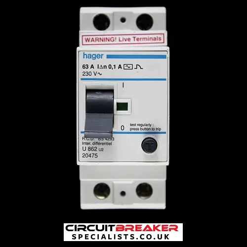 HAGER 63 AMP 100mA DOUBLE POLE RCD TYPE AC U862 U2 20475