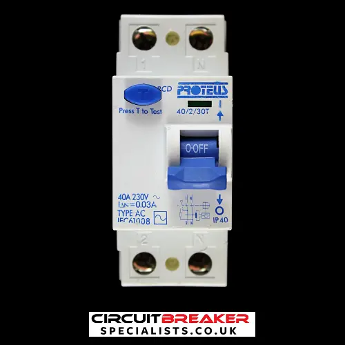 PROTEUS 40 AMP 30mA DOUBLE POLE RCD 40/2/30T BLUE