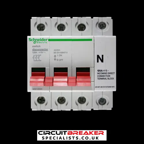 SCHNEIDER ELECTRIC 125 AMP FOUR POLE MAIN SWITCH DISCONNECTOR MGI1253N