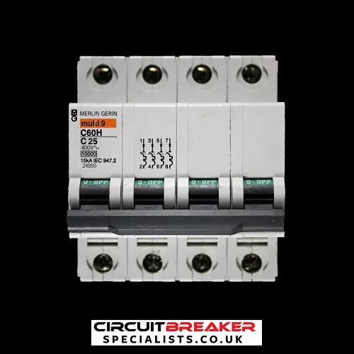 MERLIN GERIN 25 AMP CURVE C 15kA FOUR POLE MCB CIRCUIT BREAKER C60H 24880