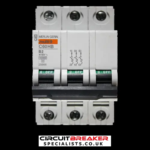 MERLIN GERIN 2 AMP CURVE B 10kA TRIPLE POLE MCB CIRCUIT BREAKER C60HB 25866