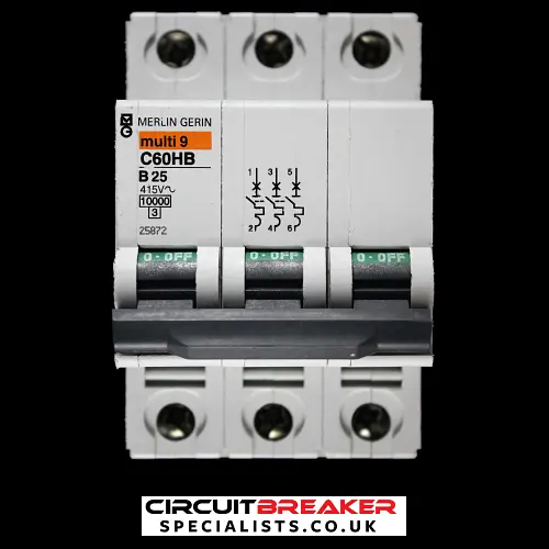 MERLIN GERIN 25 AMP CURVE B 10kA TRIPLE POLE MCB CIRCUIT BREAKER C60HB 25872