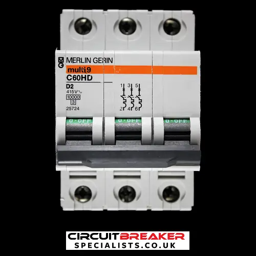 MERLIN GERIN 2 AMP CURVE D 10kA TRIPLE POLE MCB CIRCUIT BREAKER C60HD 25724