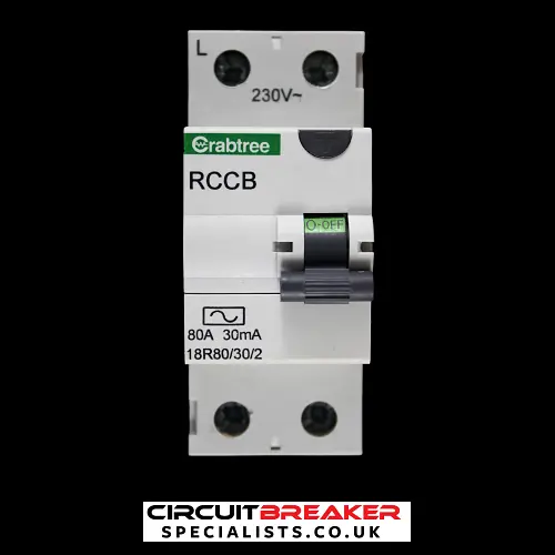 CRABTREE 80 AMP 30mA DOUBLE POLE RCCB RCD TYPE AC 18R80/30/2