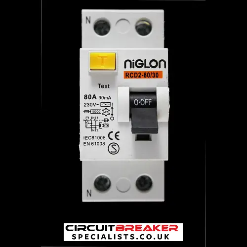 NIGLON 80 AMP 30mA DOUBLE POLE RCD TYPE AC RCD2-80/30
