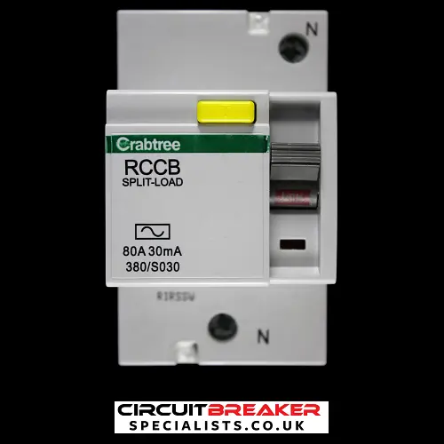CRABTREE 80 AMP 30mA DOUBLE POLE RCCB TYPE AC STARBREAKER SPLIT LOAD 380/S030