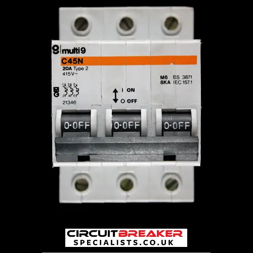 MERLIN GERIN 20 AMP TYPE 2 M6 TRIPLE POLE MCB CIRCUIT BREAKER 21346 C45N