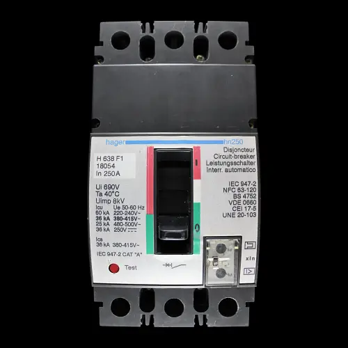 HAGER 250 AMP 36kA TRIPLE POLE MCCB H638 F1 18054 HN250
