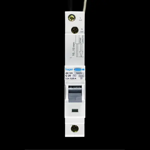 HAGER 20 AMP CURVE C 6kA 30mA RCBO TYPE AC AD123 104282