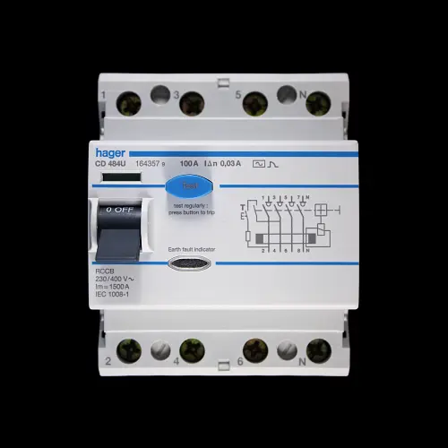 HAGER 100 AMP 30mA FOUR POLE RCCB RCD CD484U 164357