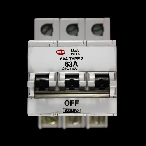 MEM 63 AMP TYPE 2 6kA TRIPLE POLE MCB CIRCUIT BREAKER 633MB2