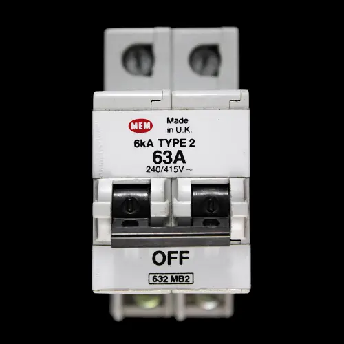 MEM 63 AMP TYPE 2 6kA DOUBLE POLE MCB CIRCUIT BREAKER 632MB2