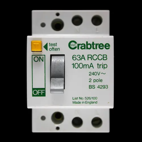 CRABTREE 63 RCCB RCD DOUBLE POLE 100mA 526/100