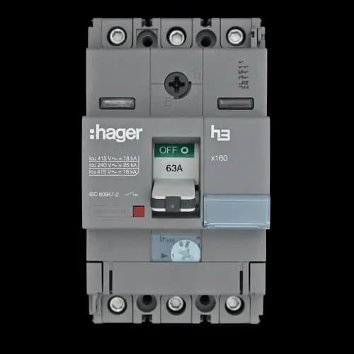HAGER 63 AMP 18kA TRIPLE POLE MCCB HDA063U1 X160 313063