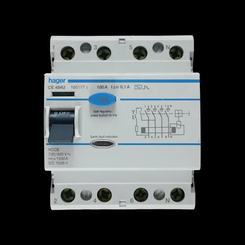 HAGER 100 AMP 100mA FOUR POLE RCCB TYPE AC CE 484U 165177