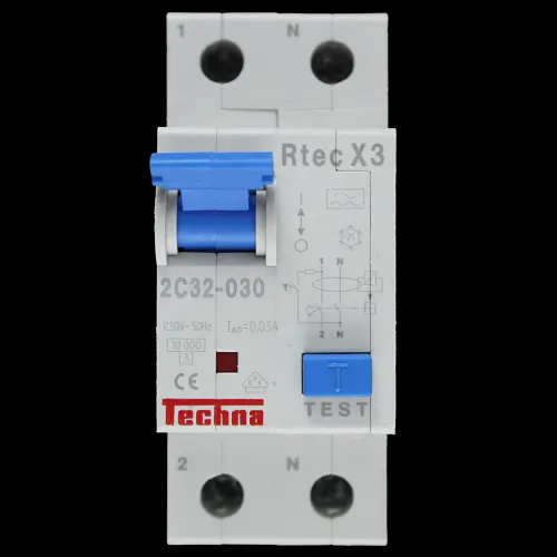 TECHNA 32 AMP CURVE C 10kA 30mA DOUBLE POLE RCBO RTEC X3 2C32-030
