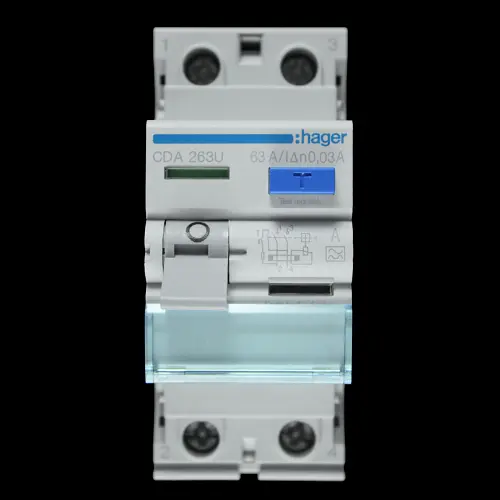 HAGER 63 AMP 30mA DOUBLE POLE RCCB TYPE A CDA263U 161491