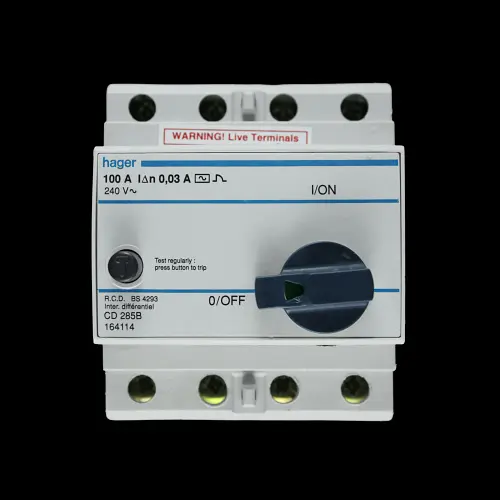 HAGER 100 AMP 30mA DOUBLE POLE RCD TYPE AC CD 285B 164114