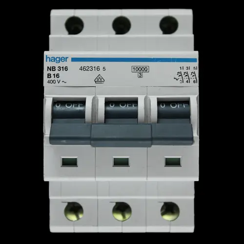 HAGER 16 AMP CURVE B 10kA TRIPLE POLE MCB CIRCUIT BREAKER NB316 462316