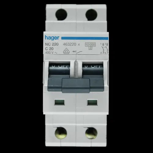 HAGER 20 AMP CURVE C 10kA DOUBLE POLE MCB CIRCUIT BREAKER NC220 463220