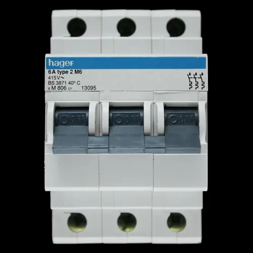 HAGER 6 AMP TYPE 2 M6 TRIPLE POLE MCB CIRCUIT BREAKER M806 13095