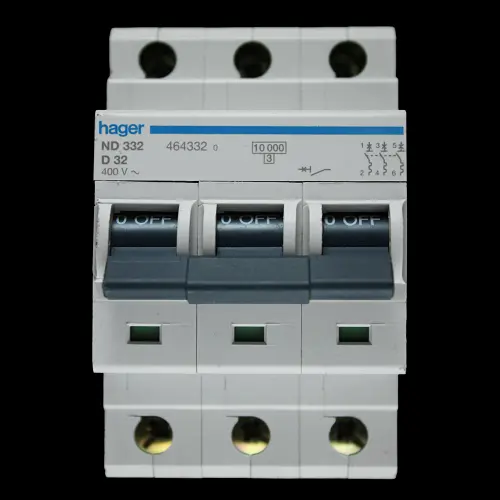 HAGER 32 AMP CURVE D 10kA TRIPLE POLE MCB CIRCUIT BREAKER ND332 464332