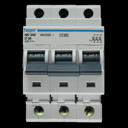 HAGER 50 AMP CURVE D 10kA TRIPLE POLE MCB CIRCUIT BREAKER ND350 464350