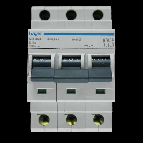 HAGER 63 AMP CURVE D 10kA TRIPLE POLE MCB CIRCUIT BREAKER ND363 464363