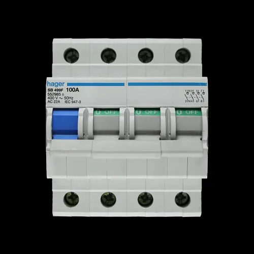 HAGER 100 MAIN SWITCH DISCONNECTOR FOUR POLE SB499F 552985 BW