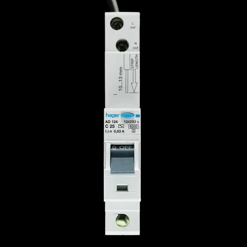 HAGER 25 AMP CURVE C 6kA 30mA RCBO AD124 104283