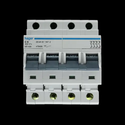HAGER 6 AMP CURVE C 25kA FOUR POLE MCB CIRCUIT BREAKER NR406 478406