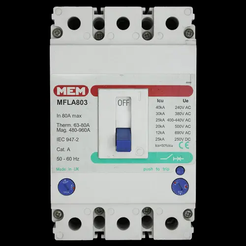 MEM 80 AMP 25kA TRIPLE POLE MCCB MFLA803