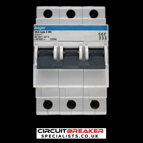 HAGER 20 AMP TYPE 2 M6 TRIPLE POLE MCB CIRCUIT BREAKER M820 U1 13098