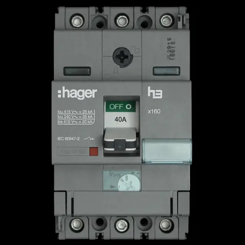 HAGER 40 AMP 25kA TRIPLE POLE MCCB HHA040U 313074 X160