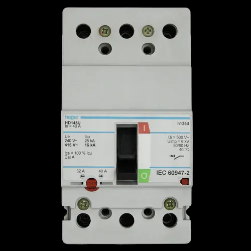 HAGER 40 AMP 16kA TRIPLE POLE MCCB HD145U H125D